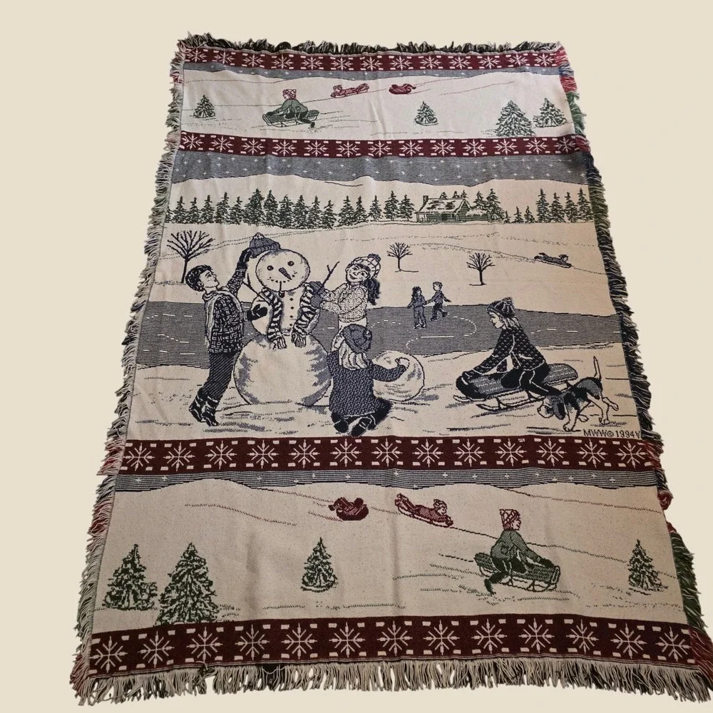 Vintage MWW Old World Christmas Throw Blanket Woven Winter Snowman Sledding 1994